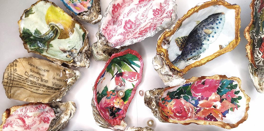 Hand painted oyster shells made during a workshop with the Supercrafters